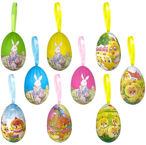 Aviski 24Pcs Easter Hanging Eggs, Multicolored Foam Egg Hanging Tree Ornaments, Decorative Painted Eggs DIY Crafts Ornaments with Various Style, Bunny Chick Patterns for Decoration