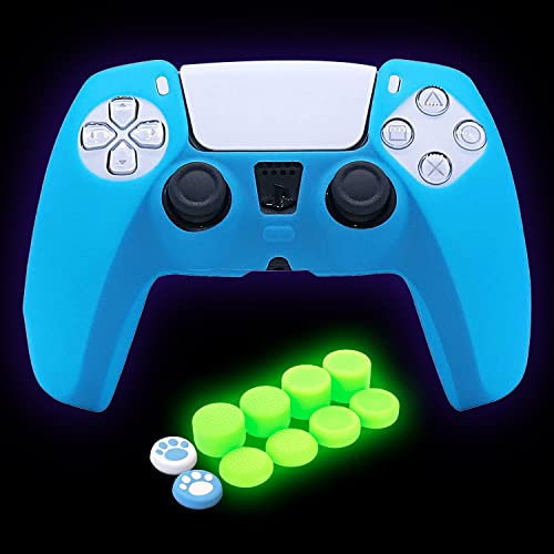HLRAO Blue PS5 Controller Skin Silicone Grip Glow in Dark Protective Case for PS5 Controller with 8 Glow in The Dark Thumb Grips Caps + 2 Cute Cat Paw Thumb Grips.