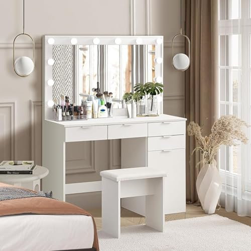 CLIPOP Schminktisch mit LED Beleuchtung und Hocker Frisiertisch mit Großer Spiegel,4 Schubladen und Kabinett Modern Schlafzimmer Make up 3 Farben mit Einstellbarer Helligkeit Schreibtisch Weiß