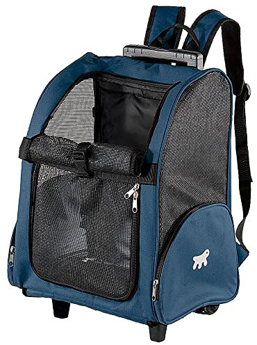 Transportbox für Kleine Hunde und Katzen Trolley mit Rollen, Rucksack für Kleine Hunde Katzen, Teleskopgriff, Taschen für Zubehör, Blau