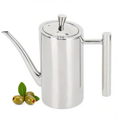 Natudeco Edelstahl-Ölkanne, Speiseölkanne, Ölflasche, Olivenöl Flasche, Oliven Essig Ölspender, Ölkännchen Ölbehälter Olivenölspender mit Griff für Küchenkochen(0,5l)