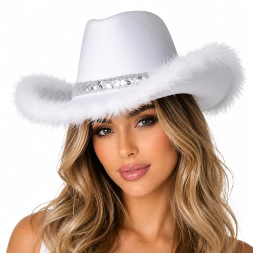 Wicked Costumes Texanischer Cowboy-Hut für Erwachsene, Kostüm- und Partyzubehör, Weiß, Pailletten und Federbesatz