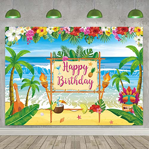 Toile de fond hawaïenne pour fête d'anniversaire d'été Luau Beach Party Photographie Fond Tropical Palm Feuilles Flamingo Tiki Décoration de fête d'anniversaire Bannière (2,1 x 1,5 m)