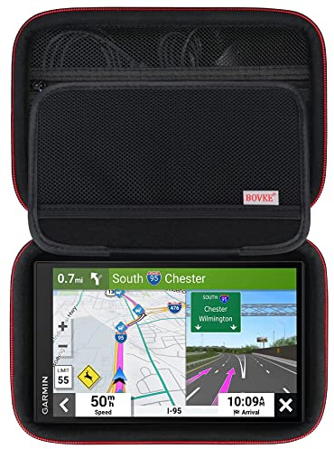 BOVKE Hartes Navi Tasche für 6-7 Zoll Tomtom GO Classic 2nd/ Lite/Advanced/Professional 2. Generation/Expert Plus, Garmin DriveSmart 76/ Camper 795 Gehäuse, Extra Platz für Kabel, Schwarz+Schwarz