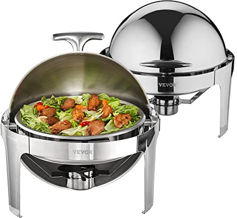 VEVOR Set di Scaldavivande 2 Pezzi in Acciaio Inox per Servizio Buffet Catering Ristorazione Coperchio Arrotolabile Capienza Max. 5,5L, Set di Vassoio di Riscaldamento Scaldavivande Rotonda per Buffet