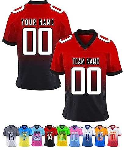 Mens Sports T-Shirt Custom American Football Jersey Personalised or Blank Quick Drying Breathable Short Sleeve for Women Kids, Red, S~7XL