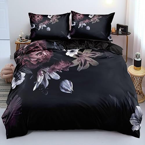 Freyamy 3D Blüten Bettwäsche 135x200cm 4teilig Schwarz Violett Blumen Bettwäsche Floral Mädchen Bettwaren-Sets Microfaser Bettbezug 2 Bettdeckenbezüge mit Reißverschluss und 2 Kissenbezug 80x80cm