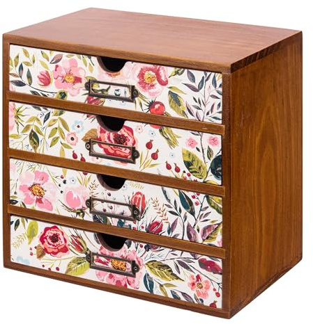 4-Drawer Vintage Desk Wood Storage Box With Drawers in Floral Chintz - Wooden Table Organizer I End Clutter & Dullness, Personalize Your Workspace - Beautiful Flower Design for Office & Home