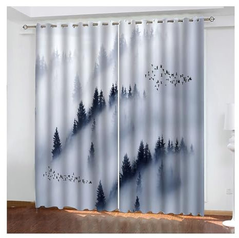 Skcess Blickdichte Vorhänge, Gardinen Grau Bäume Im Nebel Vorhang Polyester Gardinen 2er Set 137x244cm(WxH)