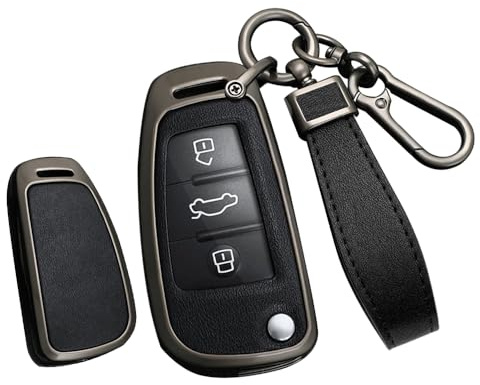 TECART Leder Klapp Autoschlüssel Hülle Cover Passt für Audi A1 A3 A4 A6 A8 Quattro Q2 Q3 Q7 S3 S6 RS3 RS6 R8 TT TTS Tragbar Smart Schutzhülle Schlüsselcover Zubehör 3 Taste B Schwarz Schwarz