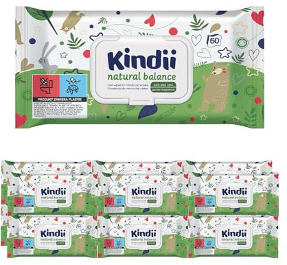 Kindii Lingettes Humides pour Bébés et Enfants Natural Balance - (12x60 Pièces) Lingettes Humides - Protectives, hydratantes, régénératrices, allantoïne, émollients, aloe vera, pH neutre - 720 Pièces