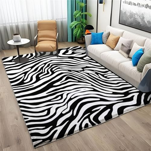 Teppich Wohnzimmer Schlafzimmer 160 X 230 cm Waschbar Kurzflor Anti-Rutsch TPR Unterseite Langlebig Robuster Polyester Teppich Rechteckig Pflegeleicht, Tier Zebra Druck - Schwarz Und Weiß