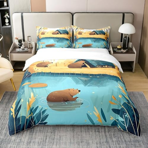 Cute Beaver Bedding Set Cartoon Wild Animal Duvet Cover Set Yellow Trees Blue River Comforter Cover Farmhouse Style Beavers Bedspread Cover Bedroom Quilt Cover Full 100% Cotton,No Comforter