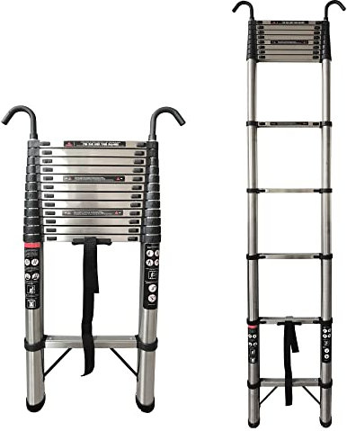 Scala telescopica con 2 ganci staccabili, scale di estensione 5 m in acciaio inox telescopico pieghevole estensibile portatile - Grande per la pulizia grondaie, decorazione, pittura pareti