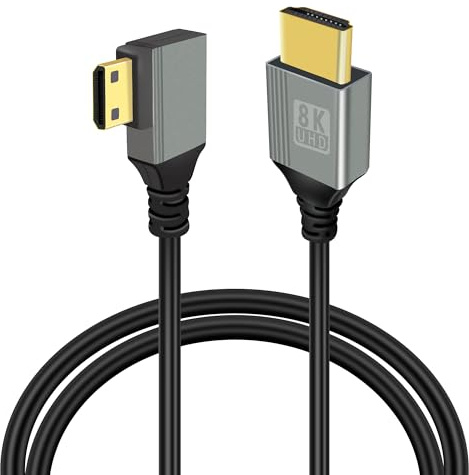 GELRHONR 8k Mini HDTV a HDTV Cable, 90 Grados Mini Cable 2,1 de Alta Velocidad 48Gbps, Soporte 8K@60Hz 3D, para Cámara DSLR Videocámara, Proyector (1M Left Angle Mini)