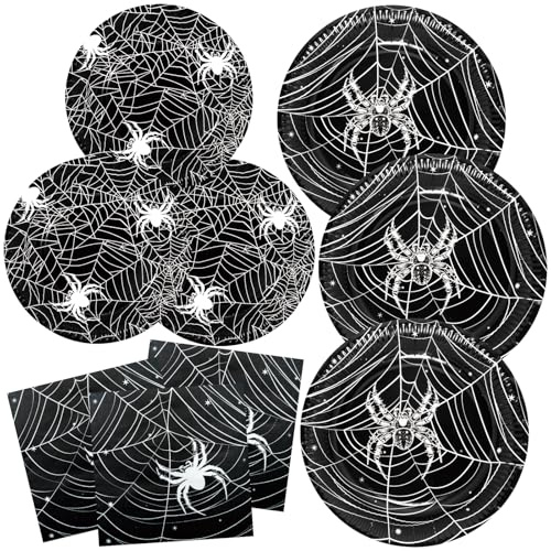 BFB Assiettes en Papier d'Halloween Toile D'araignée Lot de 48 Assiettes, Serviettes Vaisselle de fête jetables