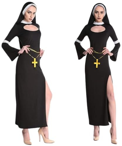 Fartoni Nonnenkostüm für Damen, Halloween, komplettes Kostüm mit Kleid, Schleier und Kreuz, Nonnenschleier und Zubehör, Nonnen-Kostüm, Karneval, Minirock, Terror oder Angst.