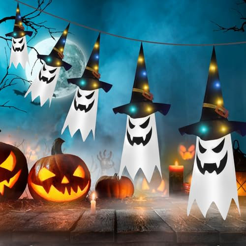 Deco Halloween, 5 Pièces Fantômes Suspendus Chapeau Sorcière, Exterieur Sorcière Decoration Patio Jardin Cour Arbre