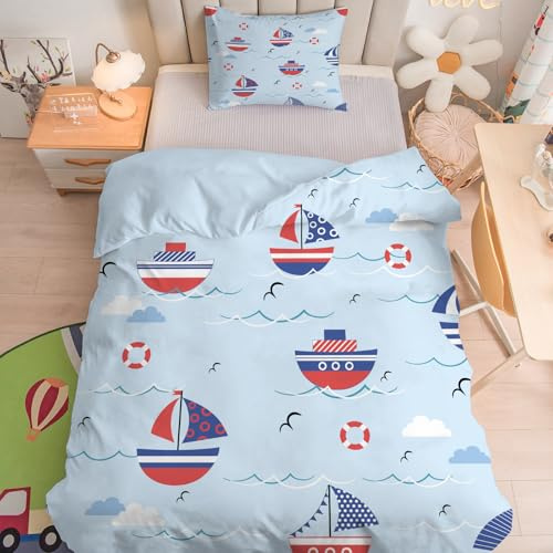 Linfye Parure de lit pour Enfant et BéBé Mouette Bleue Housse de Couette 100x135 cm Bebe et Taie d'oreiller 40x60 cm, Garçon Bateau Réversible Ensemble de Literie Linge de Lit pour Tout-Petits