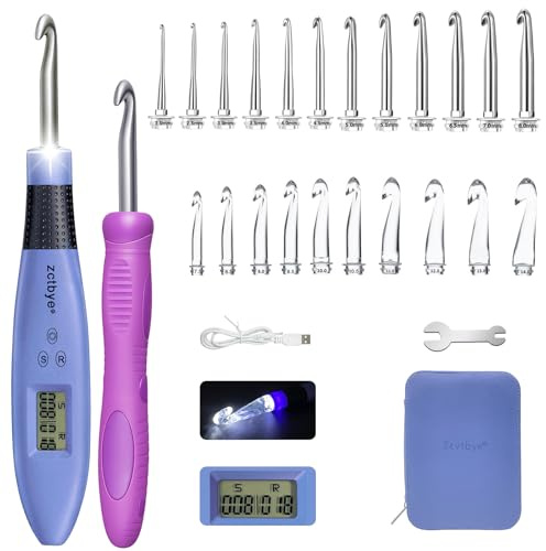 Zählen Häkelnadel Set Digital, Leuchtende Häkelnadeln für Stich & Reihenzähler, Häkelset mit 18 verschiedenen Größen Austauschbare Häkelnadel, Ergonomische Häkelnadeln mit 2 Stufen LED