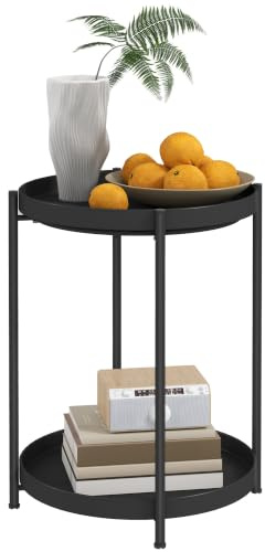 HOMCOM Beistelltisch Runder Couchtisch 2 Ablagen 44 x 44 x 56 cm Schwarz | Wohnzimmertisch aus Stahl, Nachttisch, Sofatisch, Kaffeetisch, für Wohnzimmer Schlafzimmer