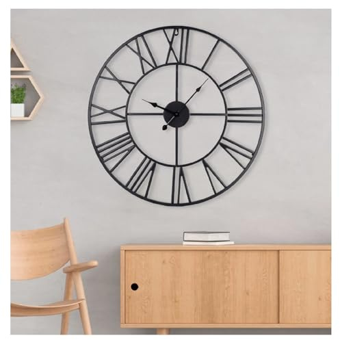 JF HOME BLISS Vintage Large Wall Clock Round Nearly Silent Non Ticking Metal Roman Numeral Decor Clock Battery Lounge Clocks Wall for Living Room Bedroom Kitchen Decor (Black, 47cm)