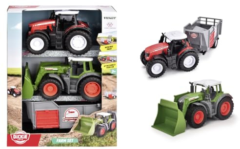 Dickie Toys 203732006 - Farm Set - Traktorer med Frihjul från Fendt och Massey Ferguson, Inklusive Släp, 15 cm, Från 3 år