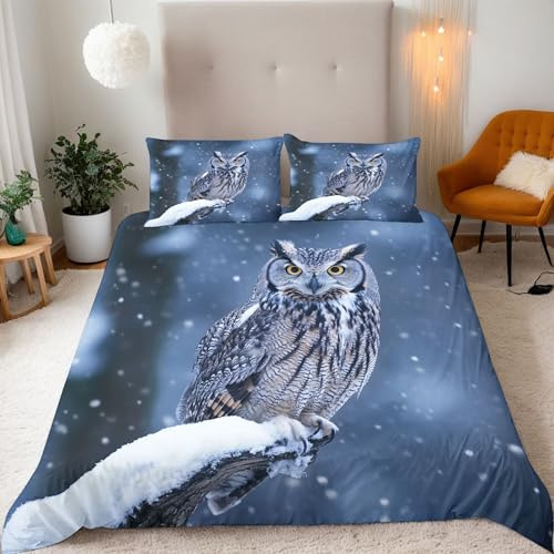 Housse de Couette 240x260 cm + 2 Taies d'oreillers 50x75 Ensemble de Literie 3D Chouette sur une branche Neige Motif Microfibre Parure de lit 240x260 Set Avec Fermeture éclair et Attaches de Coin