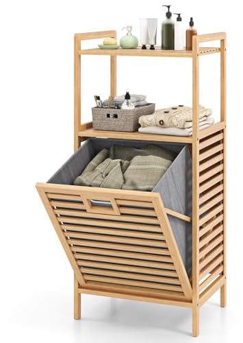 LIFEZEAL Mobile Portabiancheria Bagno in Bambù (43,5x33x96cm, 1 Scomparto) | Mobile Biancheria Sporca e Mobiletto Bagno, Lavanderia, con Sacco Rimovibile, Cesta Estraibile, Piano Portaoggetti