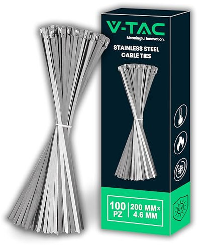 V-TAC Attache Cable Inox 200 mm - Colliers de Serrage pour Câbles – 100 Pièces - Taille 4,6 mm x 200 mm – Polyvalents pour Câblage – Attaches Câbles pour Électriciens, Mécaniciens, Tuyaux en Fer