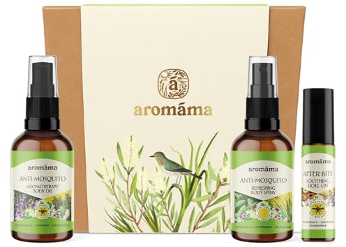 Aromama Outdoor-hudvårdsset – lugnande roll-on, uppfriskande kroppsspray, aromaterapi kroppsolja, naturliga eteriska oljor för hud och utomhusbruk