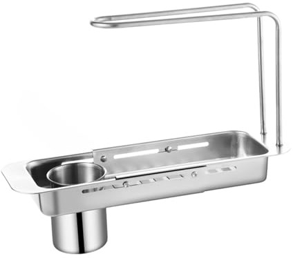 Estante de Secado para Fregadero de Cocina | expandible de Acero Inoxidable Organizador con Soporte para Utensilios Cesta de Drenaje telescópica para Verduras y Platos | Accesorio de