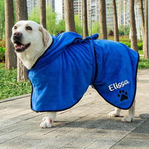 Weicher Hunde-Bademantel, super saugfähig und schnell trocknend, mit Kapuze, personalisierbar, personalisierbar, mit Namen bestickt, warmes Hundehandtuch, Geschenk für Haustierliebhaber, Blau