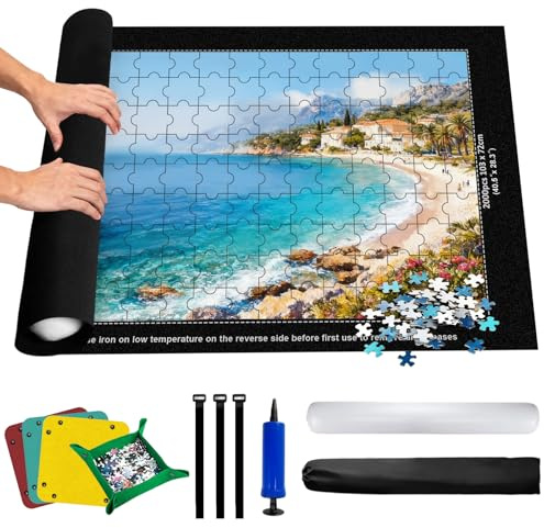 Solinorex Tapis de Rangement Roulant pour Puzzles Jusqu'à 2000 Pièces | Grand Tapis en Feutre avec 4 Plateaux de Tri et Sac de Transport | 80x120 cm, Surface Anti-Dérapante pour Adultes