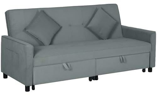 HOMCOM Schlafsofa 3-in-1 3-Sitzer Sofa 196x90cm mit Schlaffunktion Grau | Klappbares, Verstellbare Rückenlehne, Umkehrbare Ecksofa, Wurfkissen, Samtoptik, Couch, Wohnzimmer, Schlafzimmer