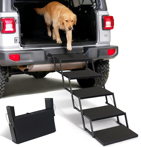 Foldable Dog Car Steps - Upgraded Non-Slip Pet Stairs for Large Dogs, Portable Metal Frame Dog Ramps for High SUV, Truck and Cars, Lightweight Pet Ladder with High Load-Bearing Capacity，Up to 350Lbs