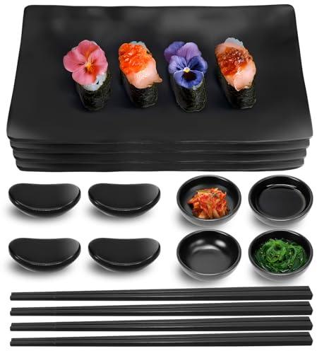 16 Pcs Black Sushi Plates Set for 4, Japanese Serving Set with Chopsticks | Melamine Tableware, 25 cm Rectangular Plates, Soy Sauce Bowls and Chopstick Rests, Matte Black Finish