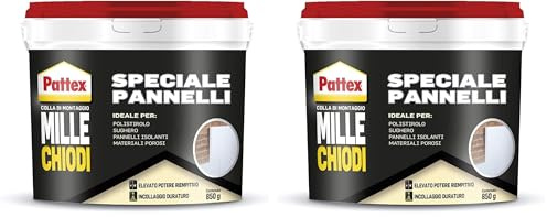 PATTEX Millechiodi Speciale Pannelli, Adesivo Bianco di Montaggio Multiuso, Colla Acrilica per Applicazioni in Interni, Colla per Legno, Polistirolo e Pannelli, 1x850g (Confezione da 2)