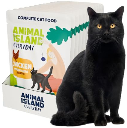 Animal Island Våtfoder för Katt Kycklingfilé i Buljong Spannmålsfritt Helfoder för Vuxna Katter och Kattungar Strimlad Kyckling utan Spannmål Multipack Portionspåsar Mjuka Bitar Lyx, 12 x 85g