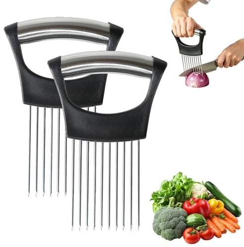 2 Pcs Stainless Steel Onion & Vegetable Holder Slicer with Protective Cover, Multi-Purpose Cutter for Onions, Tomatoes, Potatoes, Even Slicing & Food Prep Tool