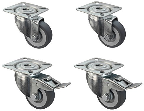 Satz Apparaterolle Lenkrolle mit ohne Bremse 50 mm ohne Feststeller Gummi grau-spurlos Anschraubplatte Möbelrolle Transportrolle