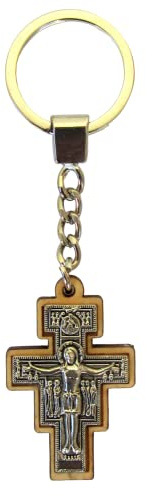IconsGr – zweiseitiger christlich-orthodoxer, griechischer, religiöser Schlüsselanhänger mit Kreuz aus Holz und Metall