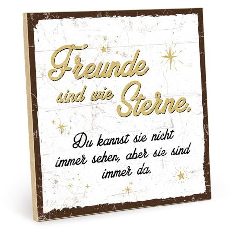 TypeStoff Holzschild mit Spruch – FREUNDE SIND WIE STERNE (weiß-gelb) – im Vintage-Look mit Zitat als Geschenk und Dekoration zum Thema Freundschaft und Nähe - HS-00361