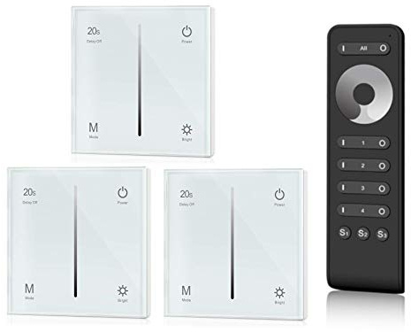 Universal Funk-Dimmer 230V Set mit Gruppenfernbedienung, Steuerung von LED, Halogen, Glühbirnen, elektronischer Dimmer kompatibel mit Tastschalter (3x Dimmer, Touch-Panel (Weiß))