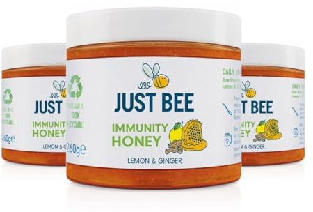 Just Bee Lemon & Ginger Immunity Honey (3 x 260g) | Unpasteurised Honey | Natural Unpasteurised Honey With Echinacea | Vitamin D, C, B6 & B12 Contribute To Normal Immune Function | Blended In Britain