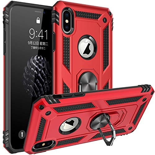 FETRIM Coque pour iPhone X, Étui Antichoc Cover Anti Housse avec Bague Rotatif Support pour Apple iPhone X/XS Rouge