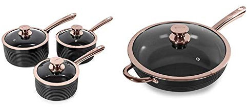 Tower T800001RB Saucepan Set, Aluminium, Black and Rose Gold & Linear Non Stick Saute Pan With Lid, Bonded Stainless Steel Base, Black And Rose Gold, 28 cm