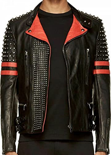 Brando Motorradjacke für Herren, mit Nieten, Rot / Schwarz Gr. XXXL, Lederjacke mit schwarzen und roten Streifen