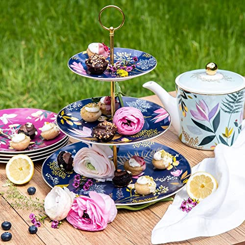 Sara Miller Présentoir à gâteaux 3 étages Portmeirion Orchard - Bleu marine - Porcelaine - SMON78963-XG