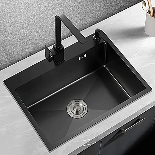 Fregadero Negro 1 Seno, Fregaderos PequeñOs De INOX, Fregadero Cocina Un Seno con Escurridor Ovalado, Acero Inoxidable Fregaderos De Un Seno con Desbordamiento Y Sifon